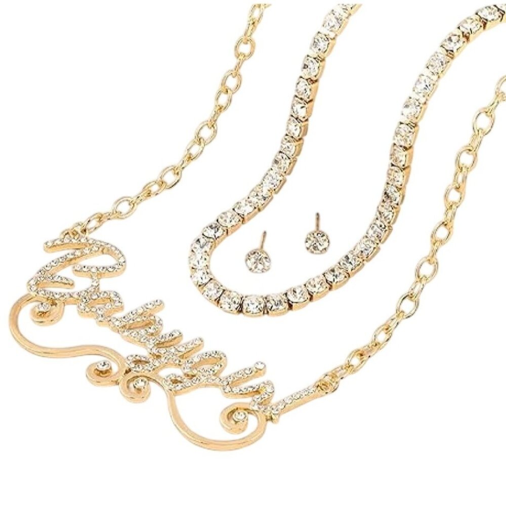 Y2K Aaliyah Jewelry Set Gold Rhinestone CZ Earring Studs Necklace Babygirl Chain